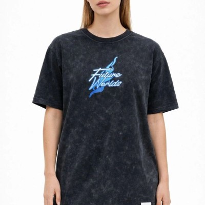 Kadın Asit Yıkamalı Oversize Tişört Bisiklet Yaka Kısa Kol T-shirt - Siyah