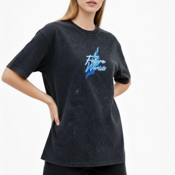Kadın Asit Yıkamalı Oversize Tişört Bisiklet Yaka Kısa Kol T-shirt - Siyah
