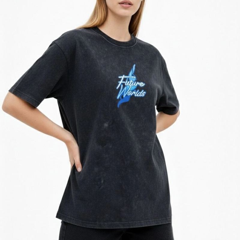 Kadın Asit Yıkamalı Oversize Tişört Bisiklet Yaka Kısa Kol T-shirt - Siyah