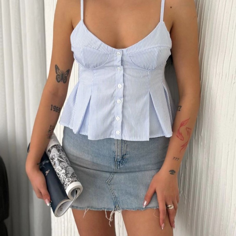 Kadın Askılı Dekolte detaylı crop - Açık Mavi