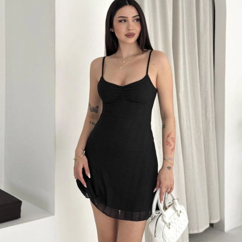 Kadın Askılı Mini Elbise Drapeli Göğüs Detay Likralı Yazlık Fit - Siyah