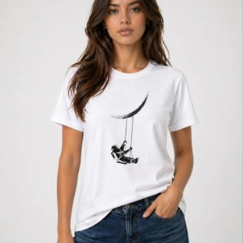 Kadın Astronot Ay Temalı Tişört Kısa Kol Yazlık Bisiklet Yaka T-Shirt - Beyaz