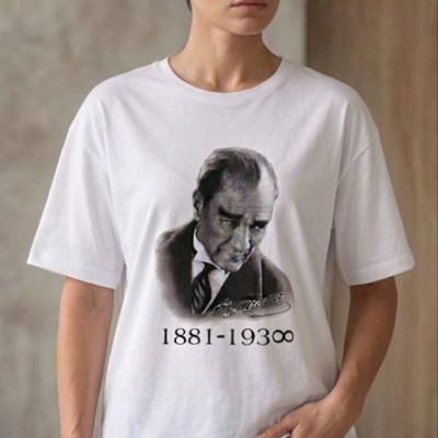 Kadın Atatürk Baskılı Tişört Kısa Kollu Bisiklet Yaka T-Shirt - Beyaz