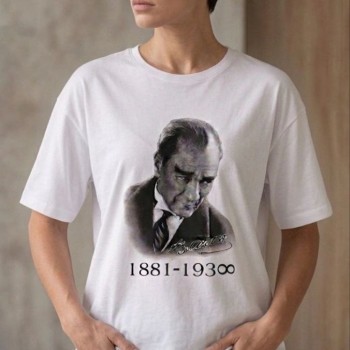 Kadın Atatürk Baskılı Tişört Kısa Kollu Bisiklet Yaka T-Shirt - Beyaz
