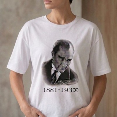 Kadın Atatürk Baskılı Tişört Kısa Kollu Bisiklet Yaka T-Shirt - Beyaz