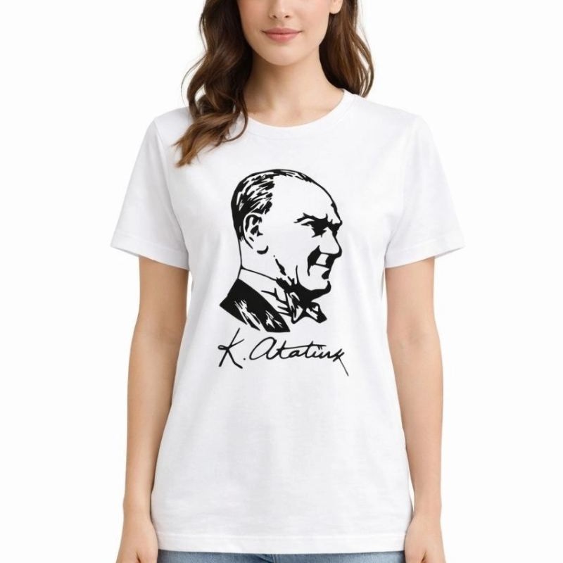Kadın Atatürk Baskılı Tişört Kısa Kollu Bisiklet Yaka T-Shirt - Beyaz