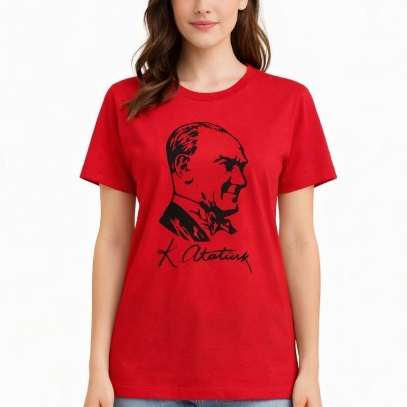 Kadın Atatürk Baskılı Tişört Kısa Kollu Bisiklet Yaka T-Shirt - Kırmızı