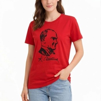 Kadın Atatürk Baskılı Tişört Kısa Kollu Bisiklet Yaka T-Shirt - Kırmızı