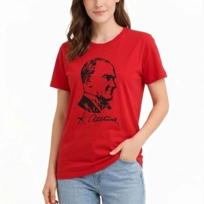 Kadın Atatürk Baskılı Tişört Kısa Kollu Bisiklet Yaka T-Shirt - Kırmızı