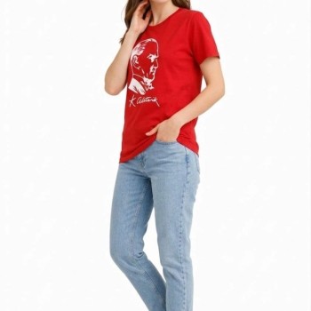 Kadın Atatürk Baskılı Tişört Kısa Kollu Bisiklet Yaka T-Shirt - Kırmızı