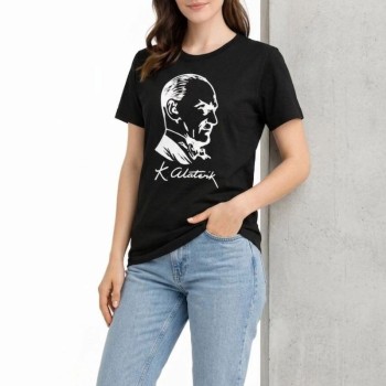 Kadın Atatürk Baskılı Tişört Kısa Kollu Bisiklet Yaka T-Shirt - Siyah