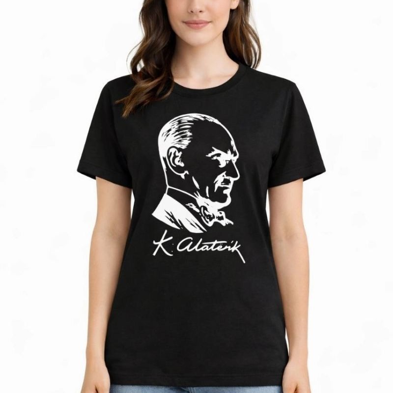 Kadın Atatürk Baskılı Tişört Kısa Kollu Bisiklet Yaka T-Shirt - Siyah