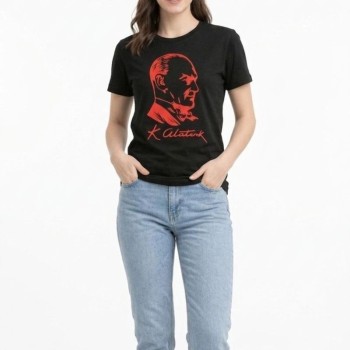 Kadın Atatürk Baskılı Tişört Kısa Kollu Bisiklet Yaka T-Shirt - Siyah