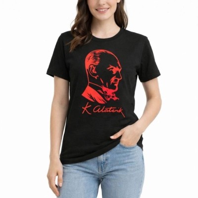 Kadın Atatürk Baskılı Tişört Kısa Kollu Bisiklet Yaka T-Shirt - Siyah