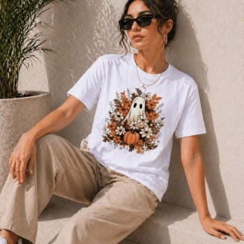 Kadın Balkabağı Hayalet Baskılı Tişört Kısa Kol Yazlık T-Shirt - Beyaz