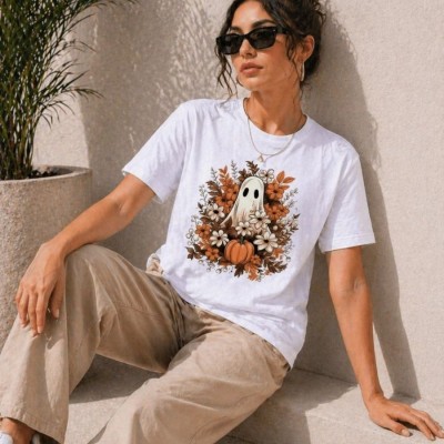 Kadın Balkabağı Hayalet Baskılı Tişört Kısa Kol Yazlık T-Shirt - Beyaz