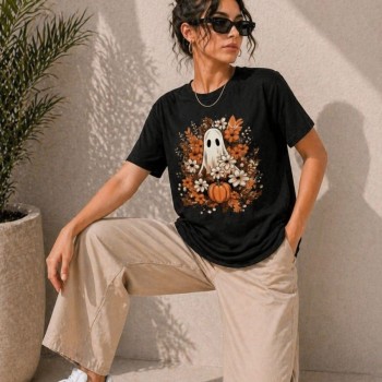 Kadın Balkabağı Hayalet Baskılı Tişört Kısa Kol Yazlık T-Shirt - Siyah