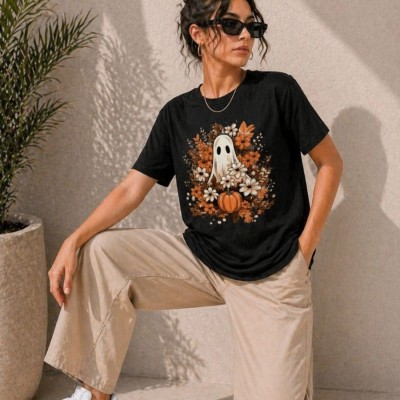 Kadın Balkabağı Hayalet Baskılı Tişört Kısa Kol Yazlık T-Shirt - Siyah