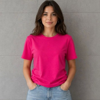 Kadın Basic Pamuklu Tişört Bisiklet Yaka Düz Renk Relaxed Fit T-Shirt - Fuşya