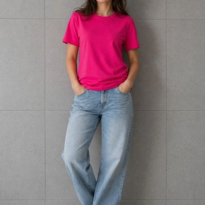 Kadın Basic Pamuklu Tişört Bisiklet Yaka Düz Renk Relaxed Fit T-Shirt - Fuşya