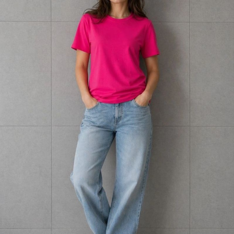 Kadın Basic Pamuklu Tişört Bisiklet Yaka Düz Renk Relaxed Fit T-Shirt - Fuşya
