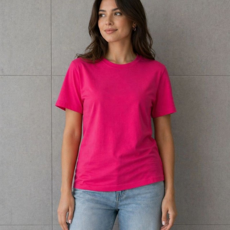 Kadın Basic Pamuklu Tişört Bisiklet Yaka Düz Renk Relaxed Fit T-Shirt - Fuşya