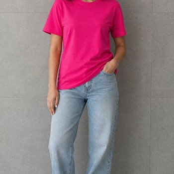 Kadın Basic Pamuklu Tişört Bisiklet Yaka Düz Renk Relaxed Fit T-Shirt - Fuşya