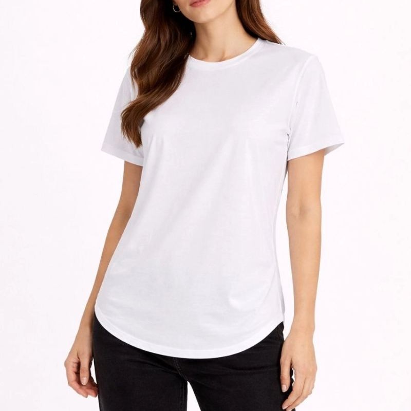 Kadın Basic T-Shirt Kısa Kol Bisiklet Yaka Oval Kesim Tişört - Beyaz