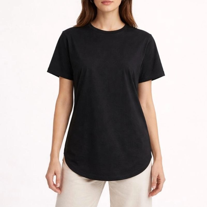 Kadın Basic T-Shirt Kısa Kol Bisiklet Yaka Oval Kesim Tişört - Siyah