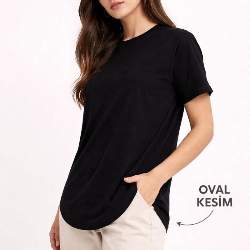 Kadın Basic T-Shirt Kısa Kol Bisiklet Yaka Oval Kesim Tişört - Siyah
