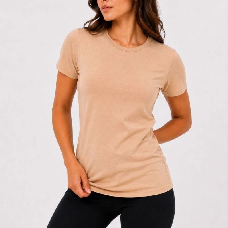 Kadın Basic Tişört Bisiklet Yaka Kısa Kol Günlük Yazlık Slim fit T-Shirt - Bej