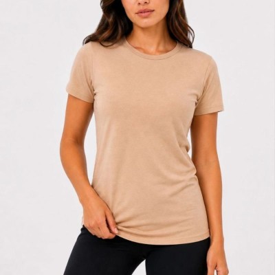 Kadın Basic Tişört Bisiklet Yaka Kısa Kol Günlük Yazlık Slim fit T-Shirt - Bej