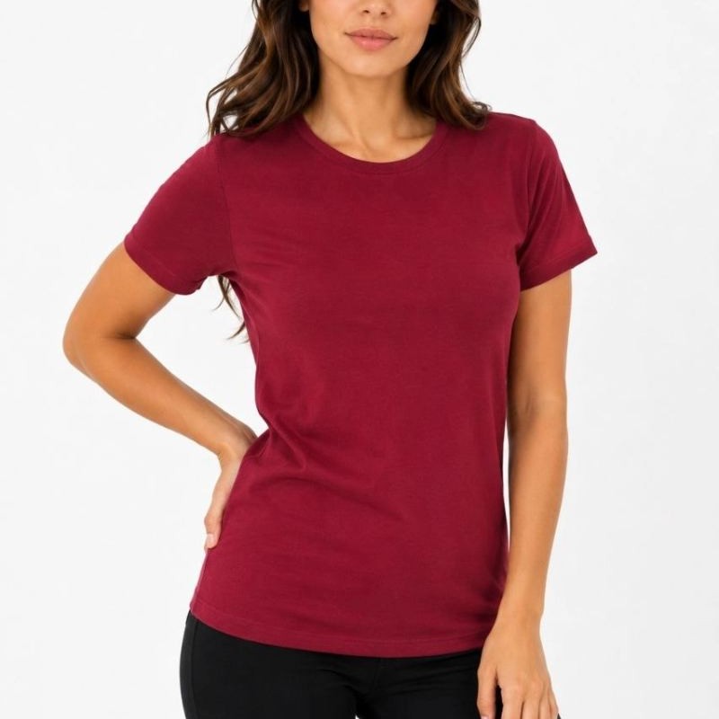 Kadın Basic Tişört Bisiklet Yaka Kısa Kol Günlük Yazlık Slim fit T-Shirt - Bordo