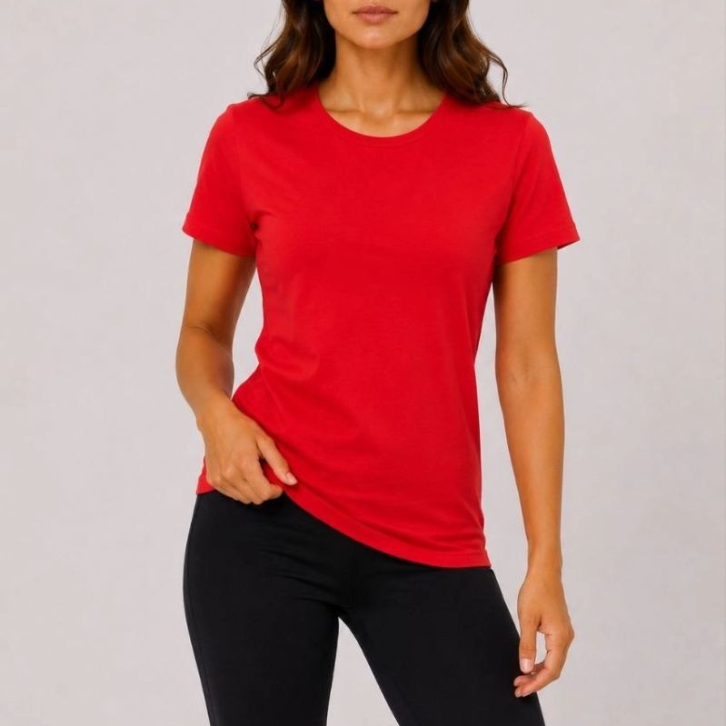 Kadın Basic Tişört Bisiklet Yaka Kısa Kol Günlük Yazlık Slim fit T-Shirt - Kırmızı