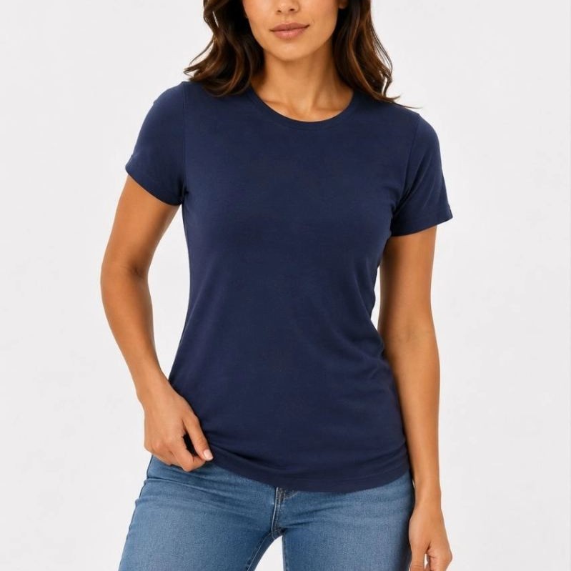 Kadın Basic Tişört Bisiklet Yaka Kısa Kol Günlük Yazlık Slim fit T-Shirt - Lacivert