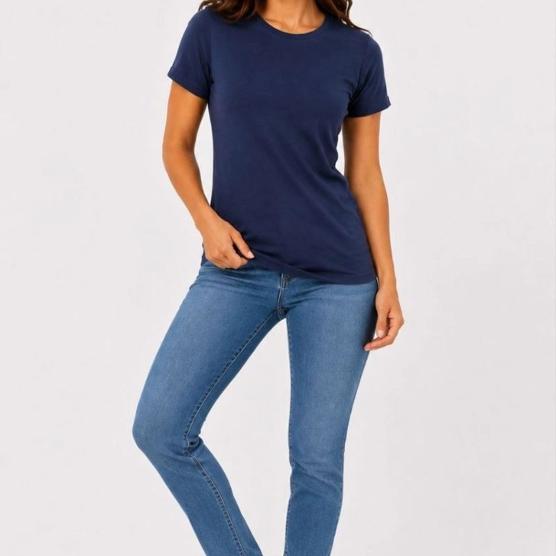 Kadın Basic Tişört Bisiklet Yaka Kısa Kol Günlük Yazlık Slim fit T-Shirt - Lacivert