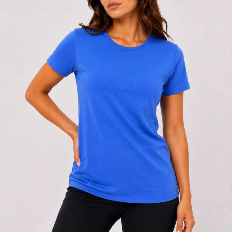Kadın Basic Tişört Bisiklet Yaka Kısa Kol Günlük Yazlık Slim fit T-Shirt - Mavi