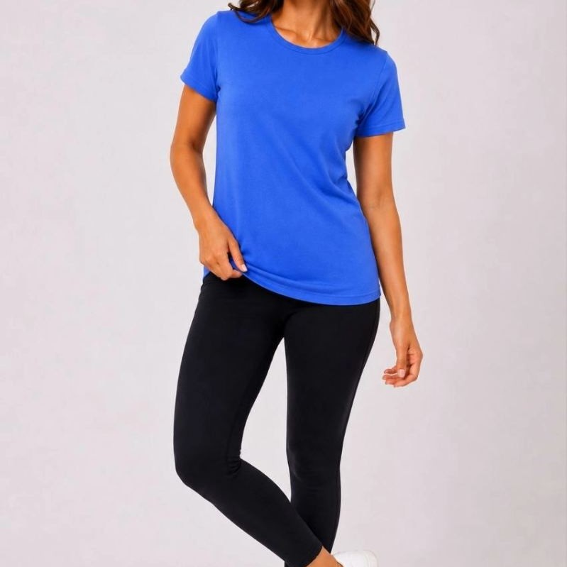 Kadın Basic Tişört Bisiklet Yaka Kısa Kol Günlük Yazlık Slim fit T-Shirt - Mavi