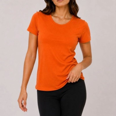 Kadın Basic Tişört Bisiklet Yaka Kısa Kol Günlük Yazlık Slim fit T-Shirt - Turuncu