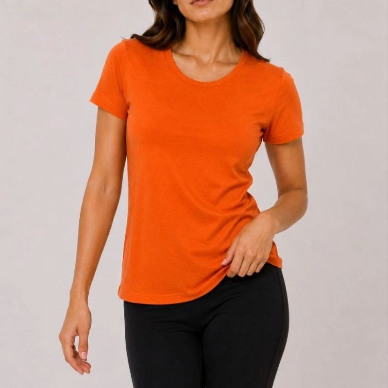 Kadın Basic Tişört Bisiklet Yaka Kısa Kol Günlük Yazlık Slim fit T-Shirt - Turuncu
