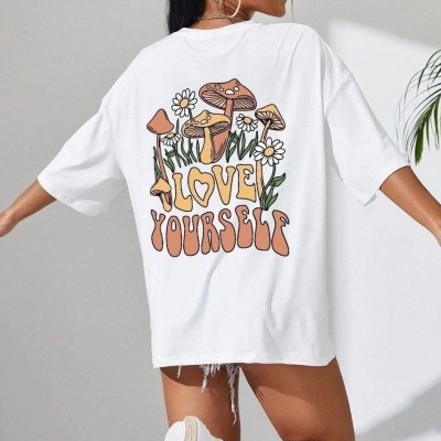 Kadın Baskılı Oversize kısa kol T-Shirt - Beyaz