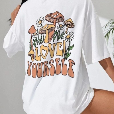 Kadın Baskılı Oversize kısa kol T-Shirt - Beyaz