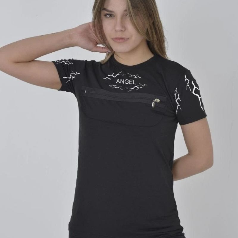 Kadın Baskılı T-Shirt Kısa Kol Bisiklet Yaka Göğüs Fermuarlı Tişört - Siyah