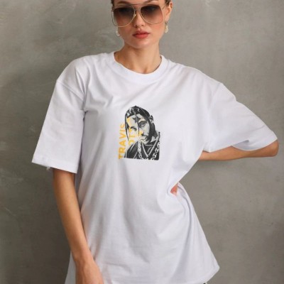 Kadın Baskılı T-Shirt Kısa Kol Bisiklet Yaka Oversize Rahat Kalıp Günlük Tişört - Beyaz