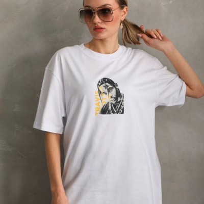 Kadın Baskılı T-Shirt Kısa Kol Bisiklet Yaka Oversize Rahat Kalıp Günlük Tişört - Beyaz
