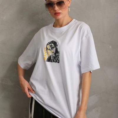 Kadın Baskılı T-Shirt Kısa Kol Bisiklet Yaka Oversize Rahat Kalıp Günlük Tişört - Beyaz