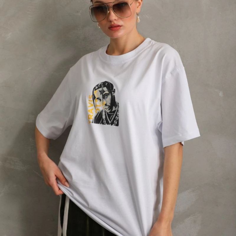 Kadın Baskılı T-Shirt Kısa Kol Bisiklet Yaka Oversize Rahat Kalıp Günlük Tişört - Beyaz