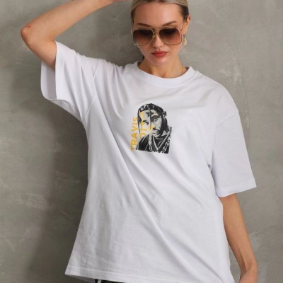 Kadın Baskılı T-Shirt Kısa Kol Bisiklet Yaka Oversize Rahat Kalıp Günlük Tişört - Beyaz
