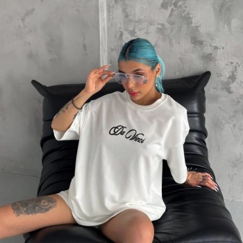 Kadın Baskılı T-Shirt Kısa Kol Bisiklet Yaka Oversize Rahat Kalıp Günlük Tişört - Beyaz
