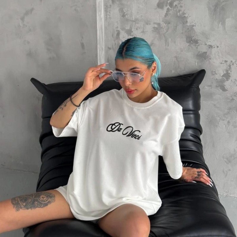 Kadın Baskılı T-Shirt Kısa Kol Bisiklet Yaka Oversize Rahat Kalıp Günlük Tişört - Beyaz